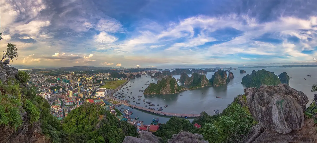 Panorama of Ha Long Bay and the city from a hilltop